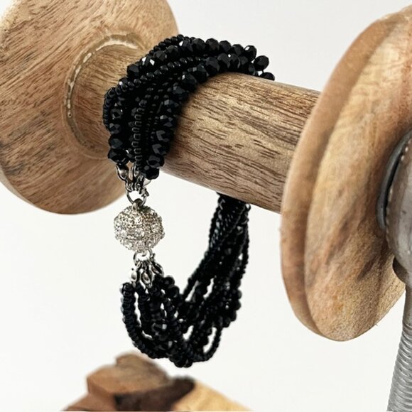 Beaded Bracelet Black Multistrand Rhinestone Magnetic Closure Siver Tone Formal - Picture 7 of 7